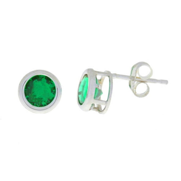 14Kt White Gold Emerald Round Stud Earrings 